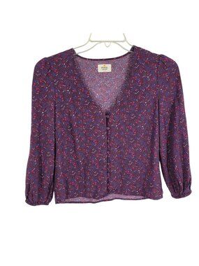 Marine Layer Womens XS Floral Button Front Blouse Burgundy Balloon Sleeve Top